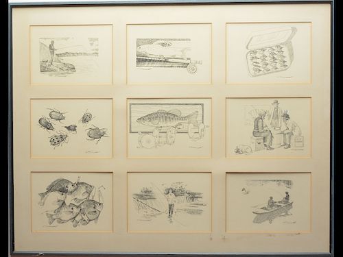 Two sets of nine framed original illustrations of fishing scenes, R. Grinnell.