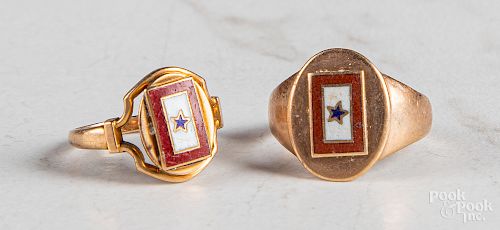 Two 14K rose gold and enamel antique rings
