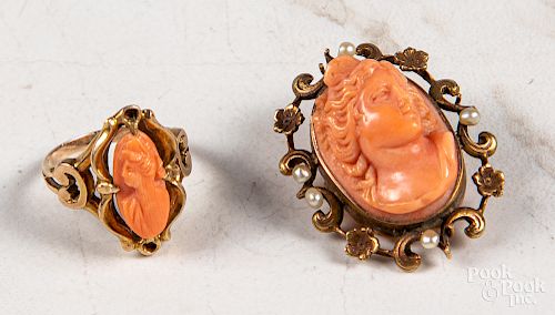 14K rose gold antique carved coral cameo jewelry