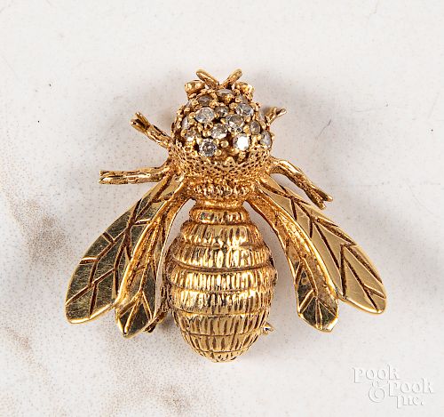 18K yellow gold diamond and gemstone bee pin