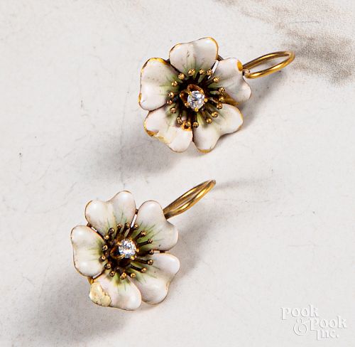 Pair of 14K gold diamond enamel flower earrings