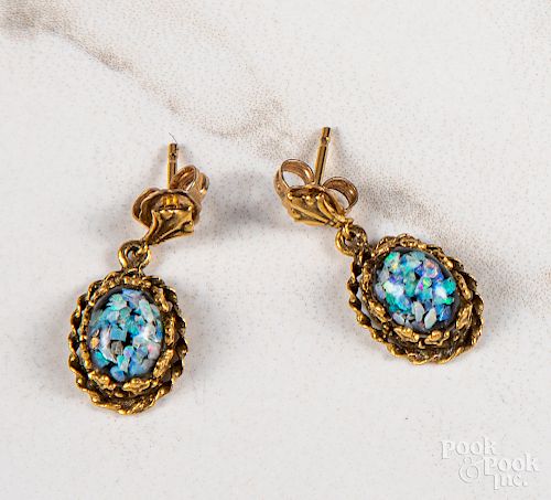 Pair of 14K gold glass cabochon earrings
