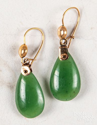 Pair of 14K gold jade drop earrings