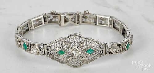 14K white gold diamond emerald filigree bracelet