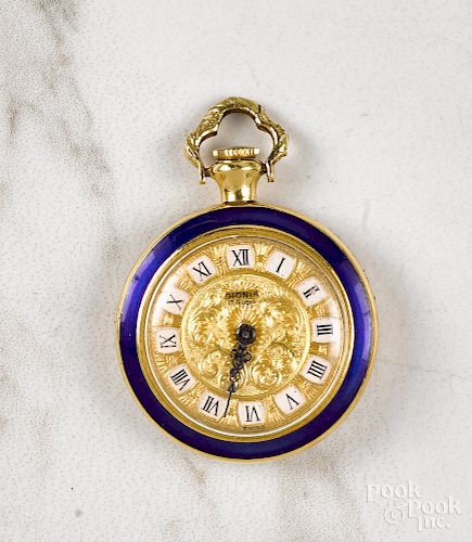 18K yellow gold enamel engraved watch pendant