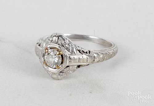 18K white gold Art Nouveau engagement ring