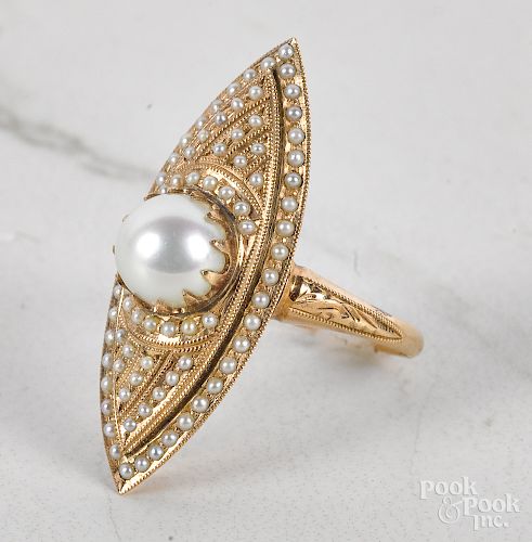 14K yellow gold pearl navette ring