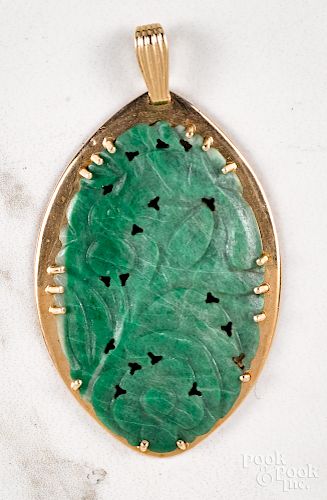 Large 14K gold carved jade pendant