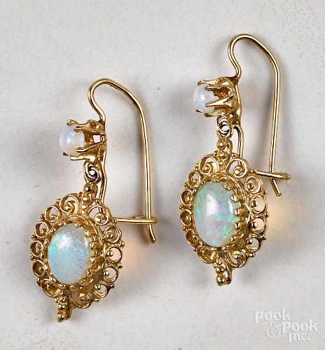 Pair of 14K gold opal drop earrings