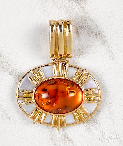 14K gold mother of pearl and amber pendant