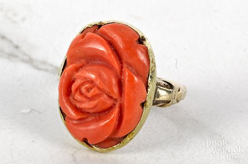 14K yellow gold carved coral rose ring