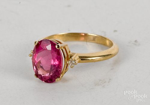 14K yellow gold pink tourmaline diamond ring