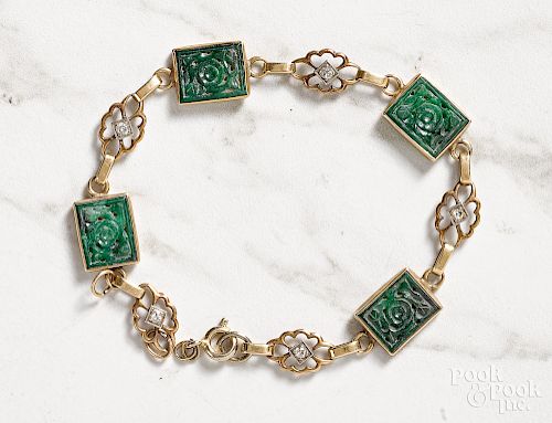 14K yellow gold jade and diamond link bracelet