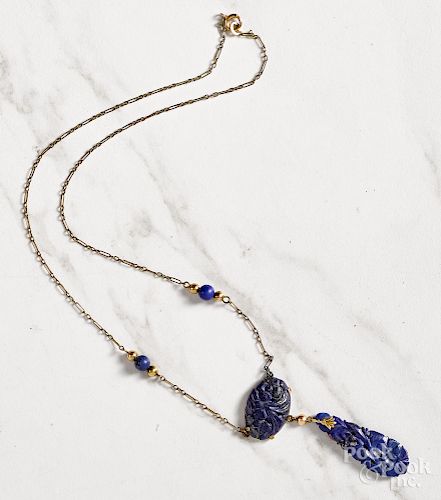 18K yellow gold carved lapis necklace