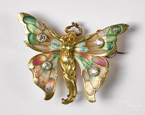 14K gold, diamond and enamel winged nymph brooch