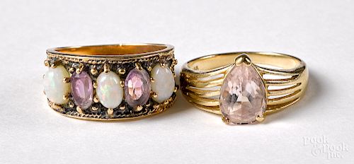 Two 14K gold and colored stone rings