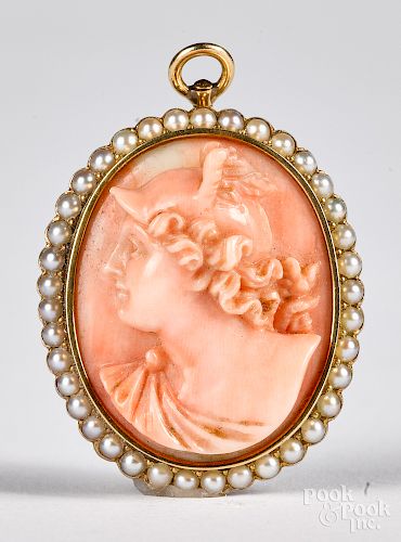 14K or higher gold and seed pearl cameo pin.