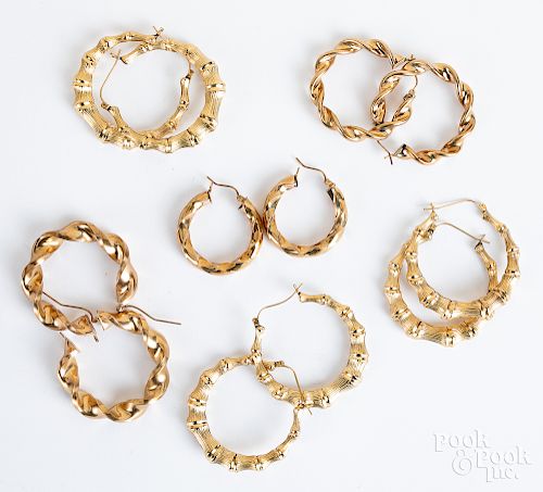 Six pairs of 10K yellow gold earrings