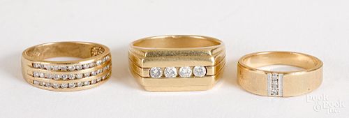 Three 14K gold and diamond rings