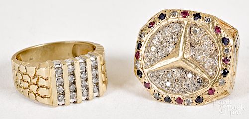 Two men's 10K gold, diamond and gemstone rings