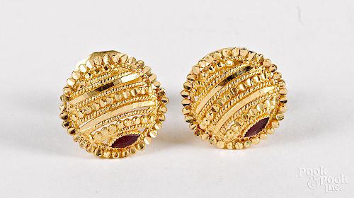 Pair of 22K gold and red stone earrings