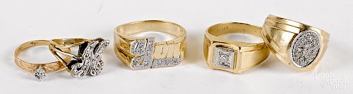 Five 14K gold and diamond rings