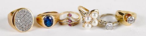 Six 14K gold and gemstone rings
