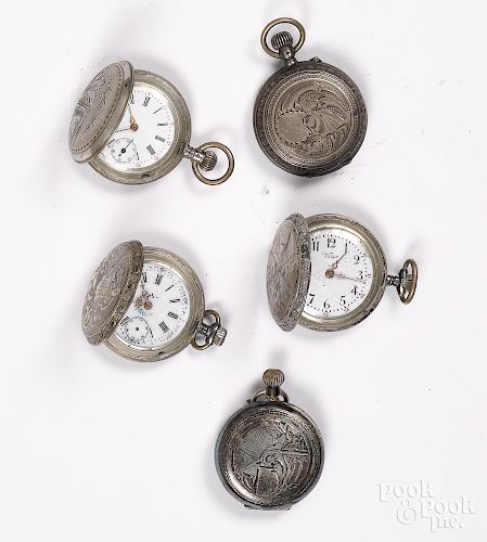 Five silver ladies pocket watches