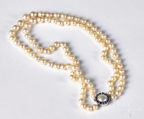 Double strand pearl necklace, with 14K gold clasp