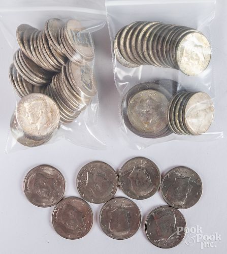 Forty-six 1964 Kennedy silver half dollars, etc.