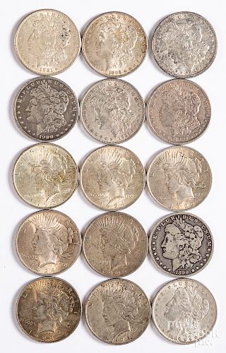 Eight Morgan silver dollars, etc.