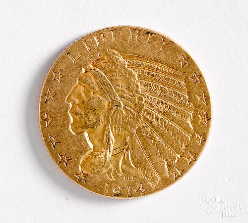 1914 Indian Head five dollar gold coin