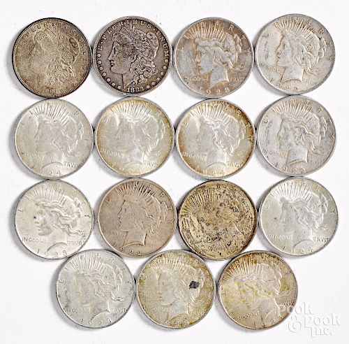 Thirteen Peace silver dollarsm, etc.