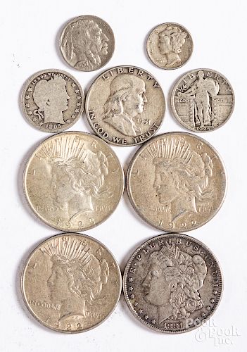 Three Peace silver dollars, etc.