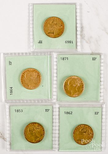 Five Victoria gold sovereigns