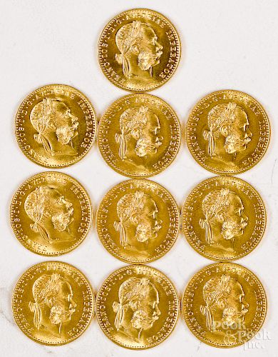 Ten Austrian 1915 gold ducat coins
