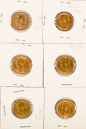 Six British George V gold sovereigns