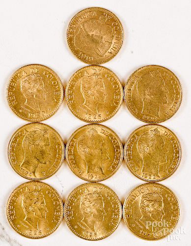Ten Columbia five peso gold coins