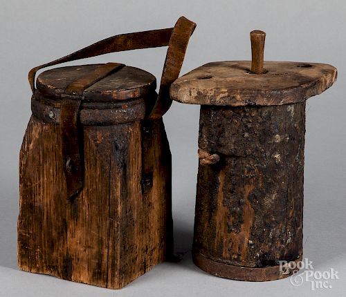 Two Conestoga wagon wooden tar buckets
