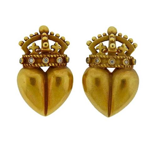 Kieselstein Cord 18K Gold Diamond Heart Crown Earrings