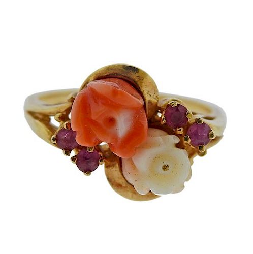 14K Gold Carved Coral Red Stone Ring