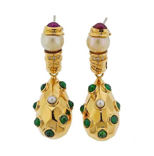 18k Gold Diamond Emerald Pearl Ruby Earrings 