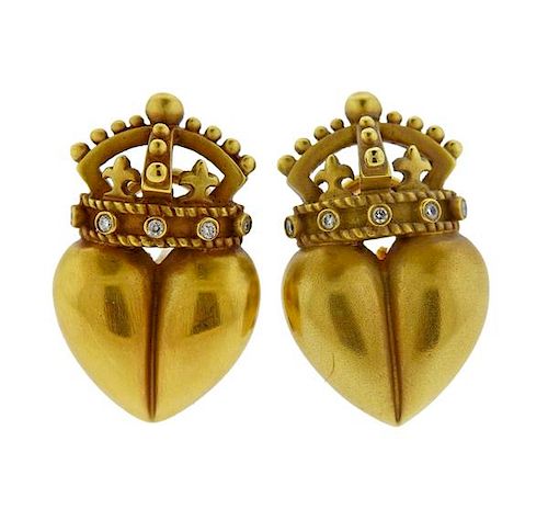Kieselstein Cord 18K Gold Diamond Crown Heart Earrings