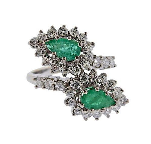 18K Gold Diamond Emerald Crossover Ring