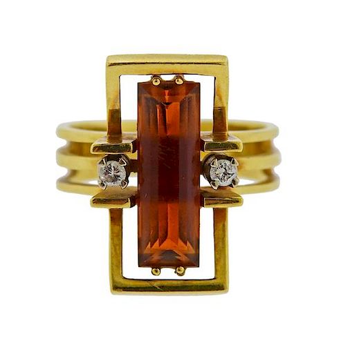 18k Gold Diamond Orange Stone Ring 