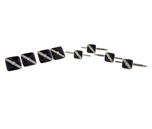 Art Deco Platinum 14k Gold Onyx Diamond Cufflinks Stud Set 