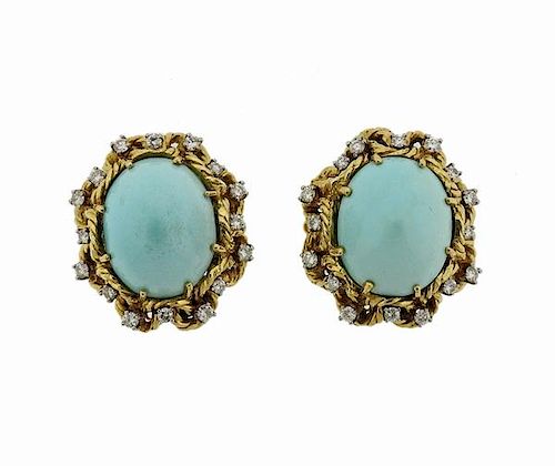 1960s 18k Gold Diamond Turquoise Earrings