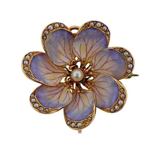 Antique 14k Gold Enamel Pearl Flower Brooch Pendant 