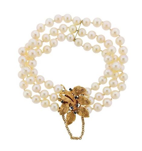 1960s 14k Gold Pearl Sapphire Leaf Bracelet 