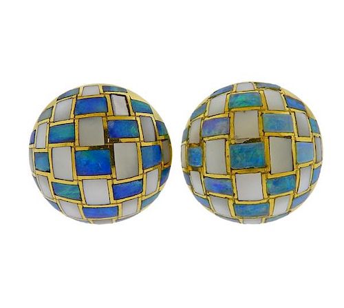 Tiffany &amp; Co Inlay Opal Mother of Pearl 18k Gold Earrings 